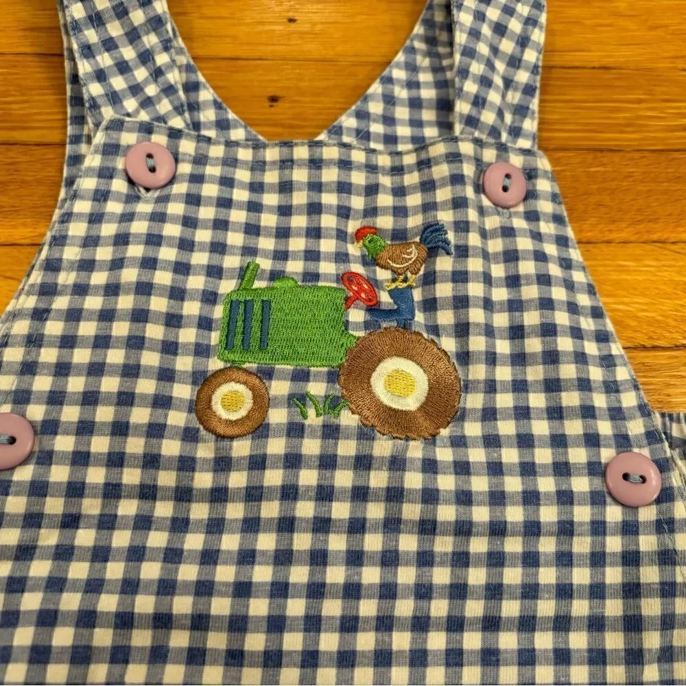 Le Top blue/white plaid soft embroidered overall shorts